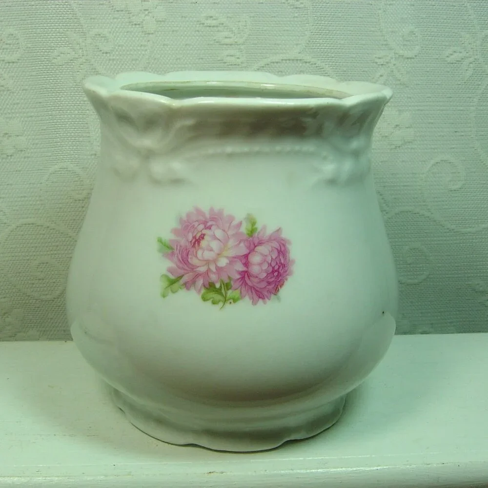 Vintage porcelain container-white with pink flowers-missing lid-use as a vase